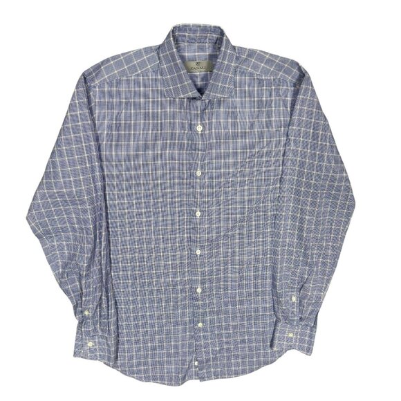 Canali Dress Shirt Current Check Houndstooth Italy Cotton Blue 14 1/2 Small - Picture 1 of 9